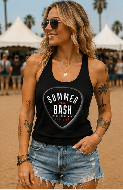 Summer Bash Guitar Pic Women's Racerback Tank- Black